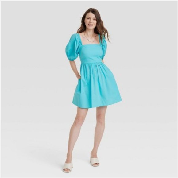 A New Day Women's Crepe Puff Short Sleeve Mini Dress - Solid Aqua Blue - Medium - Picture 1 of 3
